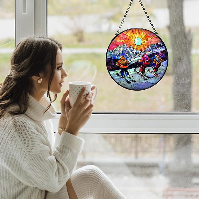 Winter Skiing Stained Glass Window Hanging Suncatchers, Ski Lover Gifts for Women Men Sun Catchers Indoor Window Glass Wall Art Decor, Winter Ski Wall Hanging Decorations Sculptures, 7.9x7.9in