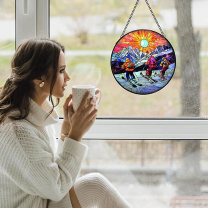 Winter Skiing Stained Glass Window Hanging Suncatchers, Ski Lover Gifts for Women Men Sun Catchers Indoor Window Glass Wall Art Decor, Winter Ski Wall Hanging Decorations Sculptures, 7.9x7.9in