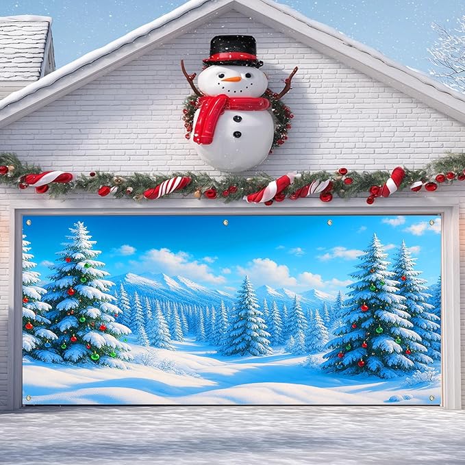 IVN Christmas Garage Door Cover Decoration 13x6ft Snow Covered Pine Trees Blue Mountain Forest Scene Merry Christmas Winter Garage Door Banner Home Door Front Yard Decor for Xmas Eve Holiday Outdoor