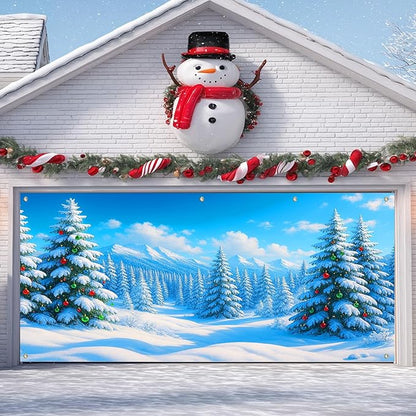 IVN Christmas Garage Door Cover Decoration 13x6ft Snow Covered Pine Trees Blue Mountain Forest Scene Merry Christmas Winter Garage Door Banner Home Door Front Yard Decor for Xmas Eve Holiday Outdoor