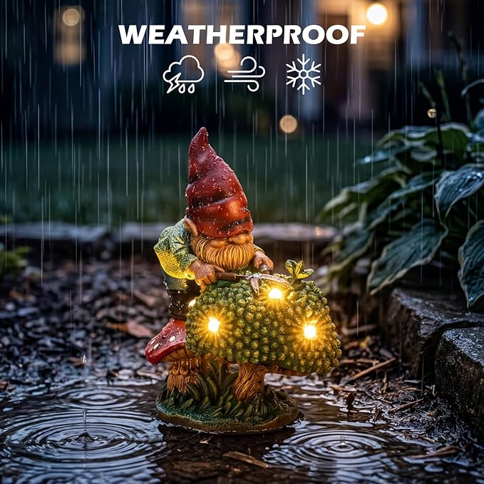 EXYGLO Solar Gnome Garden Decor Statue, 7.4" Gnome Gardener Outdoor Funny Decoration for Lawn, Patio, Yard, and Unique Housewarming, Birthday Ornament Gift for Mother, Friend, Family