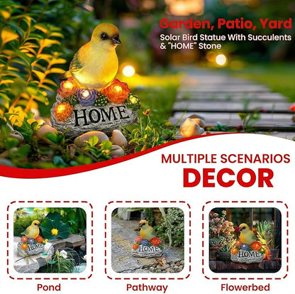 DECOUE Solar Garden Statue with Bird & “Home” Sign, Solar Bird Light Outdoor Decor with Warm LED Glow, Garden Decor for Outside Yard Patio Walkway, Decorative Garden Statue with Succulent Accents