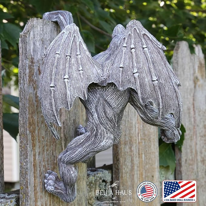 Dragon Winged Gargoyle Fence Hanger – Outdoor Wall Decor- Detailed Fence Topper Hanging Statue- Gothic Climbing Grotesque Dragon for Fence, Garden Patio, Porch (10" Gargoyle)