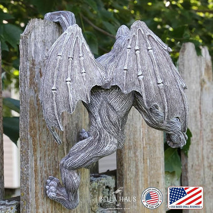 Dragon Winged Gargoyle Fence Hanger – Outdoor Wall Decor- Detailed Fence Topper Hanging Statue- Gothic Climbing Grotesque Dragon for Fence, Garden Patio, Porch (10" Gargoyle)