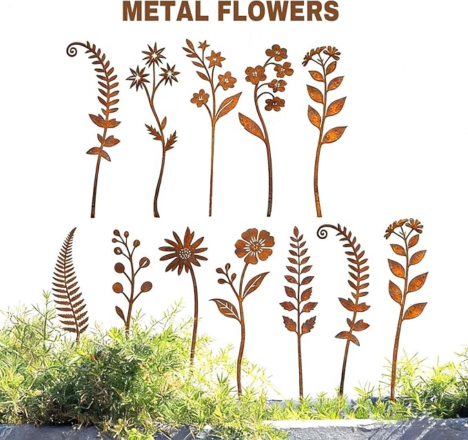 10 Pcs Rusty Metal Flower Garden Stakes,Rustic Metal Fern Leaf Plants,Iron Art Plant Shaped Decoration for Outdoor Lawn Walkway Patio