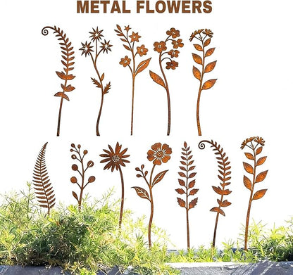 10 Pcs Rusty Metal Flower Garden Stakes,Rustic Metal Fern Leaf Plants,Iron Art Plant Shaped Decoration for Outdoor Lawn Walkway Patio