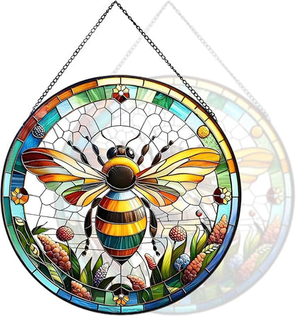 RIVEENY Bumblebee Stained Glass Window Hangings,8''Bee Suncatcher Stained Glass Window Panel Gift for Christmas Anniversary Birthday Mother's Day