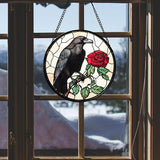 Stained Glass Window Hanging - Black Crow Red Rose Suncatcher for Doors Garden Patio Bird Sun Catchers Decor Christmas Mother's Day Birthday Gifts for Women Men Mom Nana Friend 9.8 in
