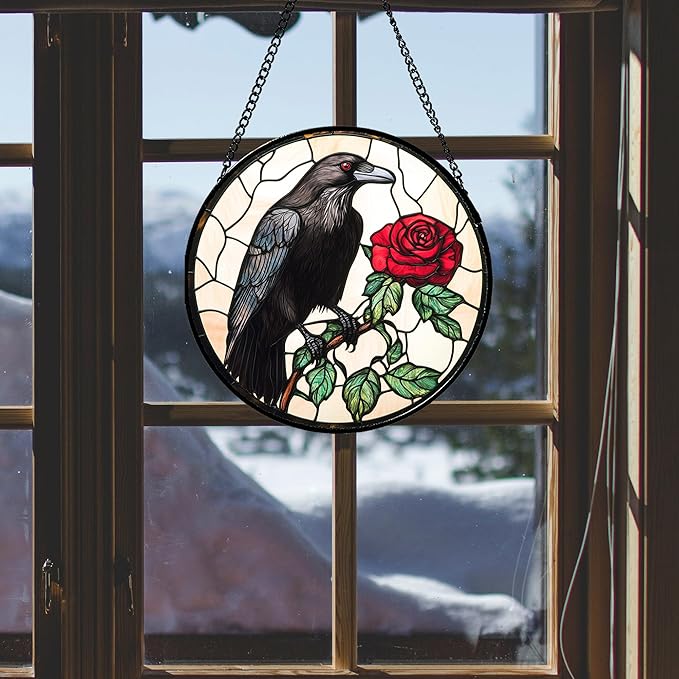 Stained Glass Window Hanging - Black Crow Red Rose Suncatcher for Doors Garden Patio Bird Sun Catchers Decor Christmas Mother's Day Birthday Gifts for Women Men Mom Nana Friend 6.3 in