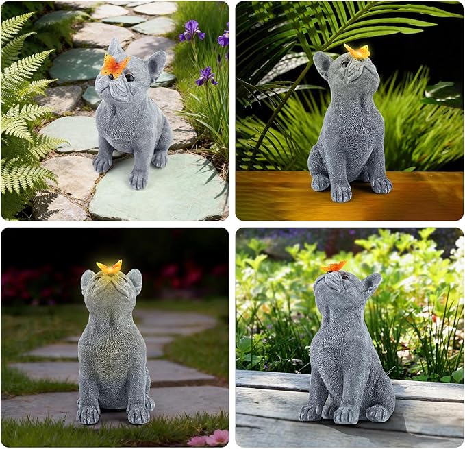 Dog Statue with Solar Butterfly, Cute French Bulldog Garden Statue Outdoor Decor for Outside Yard Lawn Patio Porch, Resin Garden Art Home Decorations Figurine, Dog Lovers Gifts for Women Mom