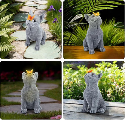 Dog Statue with Solar Butterfly, Cute French Bulldog Garden Statue Outdoor Decor for Outside Yard Lawn Patio Porch, Resin Garden Art Home Decorations Figurine, Dog Lovers Gifts for Women Mom