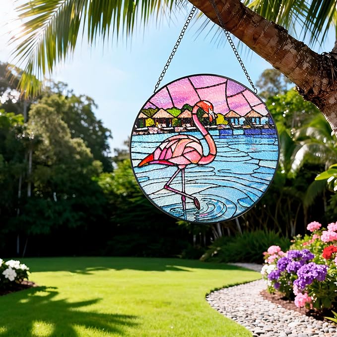 Stained Glass Window Hanging, Flamingo Circular Painted Glass Suncatcher with Chain & Suction Cup for Home Garden Door Decor, Birthday for Women Men Mom 7.8 in