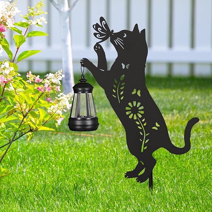 Solar Garden Stake Decorative Lantern for Outdoor, 2 Pack Metal Cat Silhouette Lights for Lawn, Pathway, Patio, Yard Outdoor Decor Gifts for Women Mom and Grandma