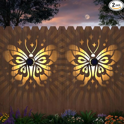 Hapjoy Solar Fence Lights 2 Pack Outdoor Deck Step Wall Lights Metal Waterproof LED Warm Yellow Light for Garden Post Patio Backyard Yard Decor (Butterfly-Star, 2)