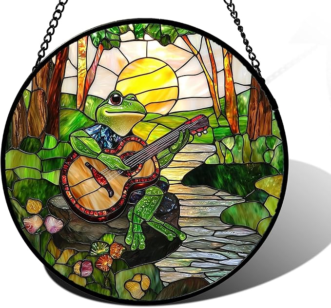 DASTOLL Stained Glass Window Hanging, Frog Playing Guitar Suncatcher Diamond Glass Panel Funny Sun Catchers Decor for Birthday for Women, Men, Wife, Aunt, and Mom 11.8x11.8 in