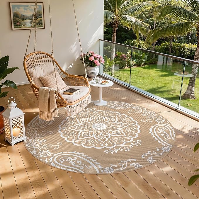 Pauwer Waterproof Outdoor Rug 8ft, Reversible Plastic Straw Patio Camping Rug, Indoor Outdoor RV Mat Carpet for Deck, Camper, Porch, Balcony, Backyard, Picnic, Boho Brown