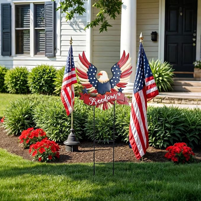 TERESA'S COLLECTIONS 4th of July Decorations for Outdoor, Patriotic Memorial Day Garden Decor, Eagle Metal Yard Art Sign for Outside, Americana Garden Stake for Lawn, Independence Day Gifts, 34''