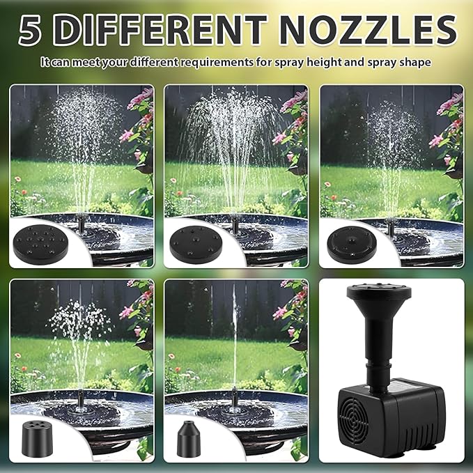 Solar Powered Water Fountain Pump with Panel, DIY Solar Fountain Pump Kit with 8 Nozzles 39 in Spray Height Solar Powered Fountain Water Pump for Bird Bath, Ponds, Garden, Fish Tank (B)