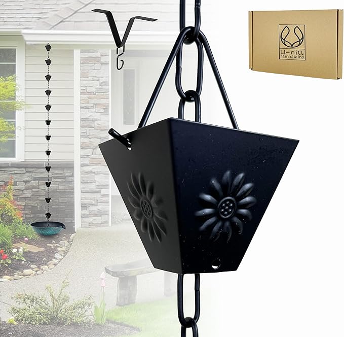 U-nitt Rain Chain Water Collection for Gutters Rainwater Catcher & Diverter, 8.5 FT Chains for Outside Garden, Black Square Cups, Roof Downspout, Works with Heavy Rain, w/Gutter Clip for Rainchains