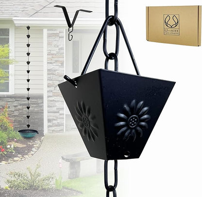 U-nitt Rain Chain Water Collection for Gutters Rainwater Catcher & Diverter, 8.5 FT Chains for Outside Garden, Black Square Cups, Roof Downspout, Works with Heavy Rain, w/Gutter Clip for Rainchains