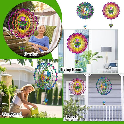 Hummingbird Wind Spinners, 12In Hanging Wind Spinner for Women Mom Grandma, 3D Stainless Steel Laser Cut Wind Sculptures Catcher for Window Outdoor Garden Yard Decor(Colorful)