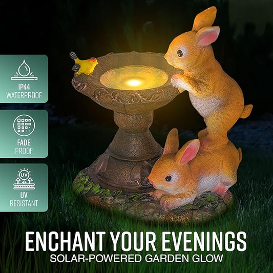 Banax Solar Rabbit Bird Bath for Garden, Ornaments Outdoor Statue Garden Gifts Waterproof Resin Sculpture with Solar Lights Outdoor Ornament for Christmas Decorations & Home Decor