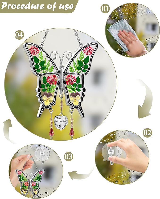 KY&BOSAM Butterfly Suncatcher I Love You Grandma Stained Glass for Windows Hangings Wind Chimes with Pressed Flower and Metal Heart Charm for Mom Birthday Valentines Day Decor