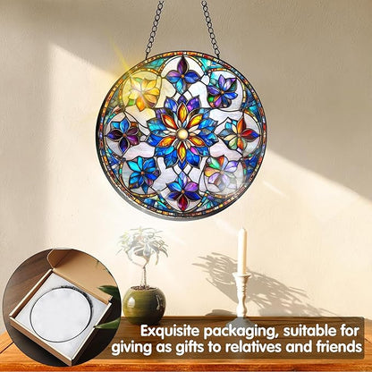VAIIEYO Flower Sun Catcher Stained Glass Window Hanging Ornament, Handmade Sun Catcher Plant Decoration with Hooks for Window Garden Home, Mother's Day & Birthday Housewarming Gift (7.8 inch)