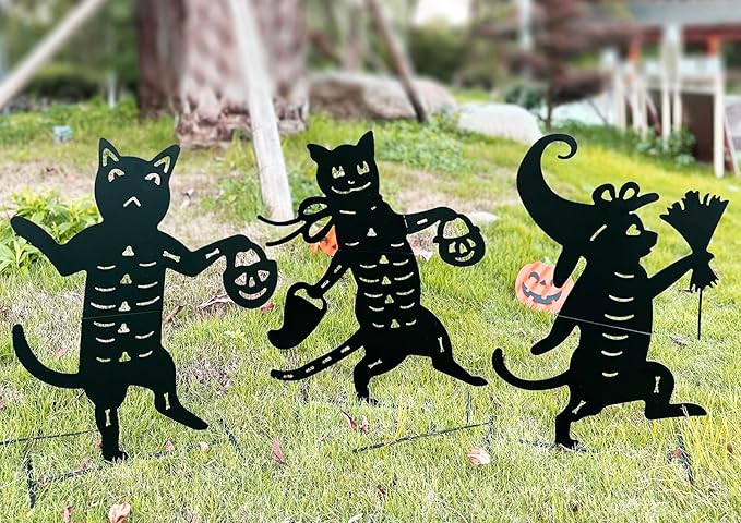 Metal Halloween Black Cat Garden Stakes Decorative, 3 Pack Scary Cat Halloween Yard Stakes Black Cat Silhouette for Home Yard Indoor and Outdoor Halloween Decorations.(Big)