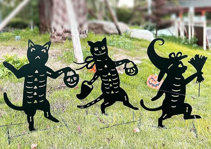 Metal Halloween Black Cat Garden Stakes Decorative, 3 Pack Scary Cat Halloween Yard Stakes Black Cat Silhouette for Home Yard Indoor and Outdoor Halloween Decorations.(Big)