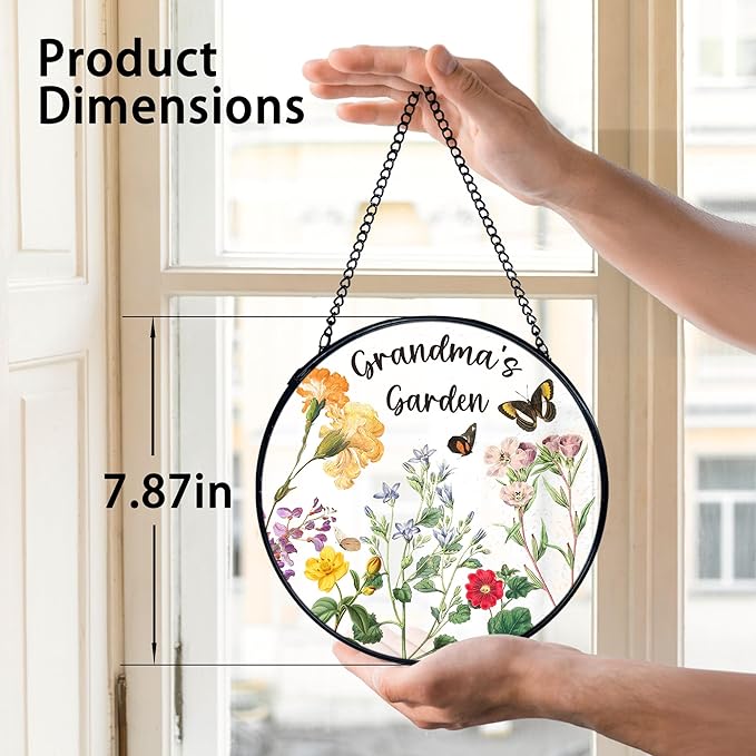 TNUW Grandma's Garden Stained Glass Window Hanging, Grandma Gifts from Grandkids Sun Catchers Indoor Window Glass Round Wall Art Decor, Grandmother Gifts Wall Hanging Decorations, 7.9＂x7.9＂