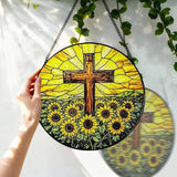 Stained Glass Window Hanging, 8 Inch Stained Glass Cross Sunflower Suncatcher, Christian Sun Catchers Indoor Window, Flower Cross Religious Home Garden Decor, Easter Faith Christian Gifts for Women
