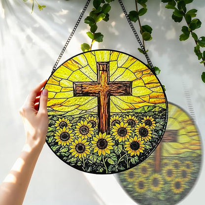 Stained Glass Window Hanging, 8 Inch Stained Glass Cross Sunflower Suncatcher, Christian Sun Catchers Indoor Window, Flower Cross Religious Home Garden Decor, Easter Faith Christian Gifts for Women