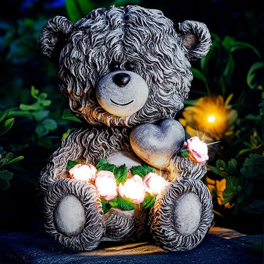 YDKOJGW Solar Garden Outdoor Statues Bear with Heart and Pink Flower and 5 LED Lights-Lawn Decor Bear Statue for Patio, Balcony, Yard Ornament-Unique Housewarming Gifts for Mom, Women
