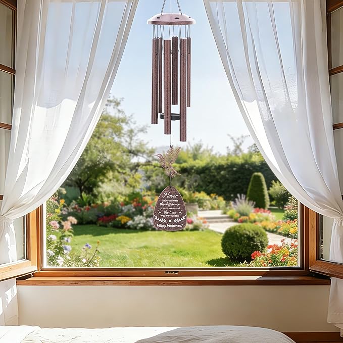 Retirement Gifts Wind Chimes - Metal Hummingbird Windchimes with Greeting Card Indoor Outdoor Hanging Decor Retirement Gift for Woman Men Grandma Grandpa Coworker Boss Teacher Nurse Friends