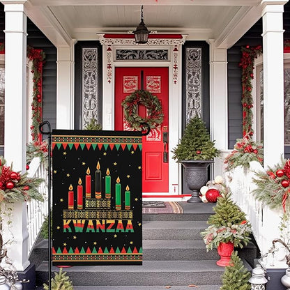 Kwanzaa Garden Flag Double Sided Polyester Yard Banner with Kinara and Red Black Green Candles Holiday Outdoor Flags for African American Heritage Celebration Décor 12x18 Inch