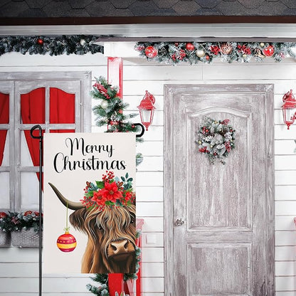 Merry Christmas Garden Flag Highland Cow with Santa Ball Premium Yard Flags Red Holly Flowers Double Sided House Banners Xmas Cows Seasonal Happy Holiday Farmhouse Banner 12x18 Inch