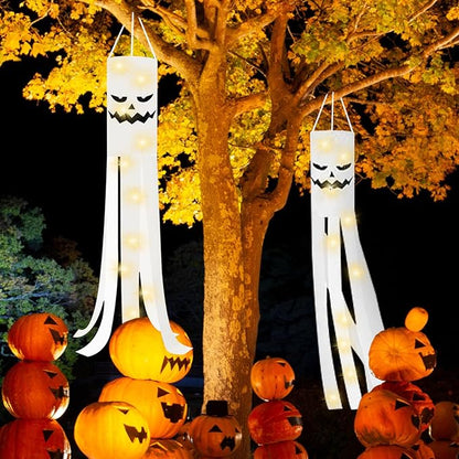 JXTON 2pcs 70inch Halloween Ghost Windsocks Flag with Lights Halloween Outdoor Hanging Decor for Yard Patio Garden Pathway Party Decoration