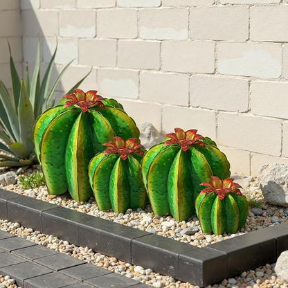 KODIBO Metal Cactus Yard Art, 4-Pack Desert Steel Garden Decor, Artificial Barrel Cactus with Flower Tops, Weather-Resistant Garden Sculptures & Statues, Outdoor Decorations for Patio Lawn Porch