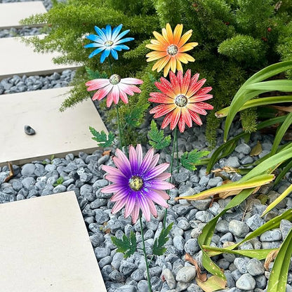 Metal Flowers for Outside, 4 Pack Decorative Garden Stakes with Spring Design, 16.5 Inch Handmade Iron Outdoor Metal Garden Decor, Flickering Daisy Yard Art for Patio Lawn