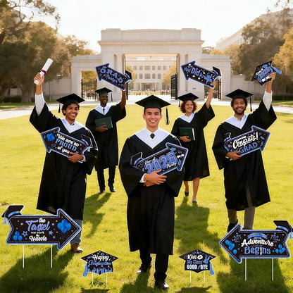12PCS 2026 Graduation Yard Sign for Outdoor Pathway,Graduation Cap Hanging Yard Signs,Black Blue This Way Yard Signs with Stakes Ribbon,Class of 2026 Grad Party Decoration for College High School