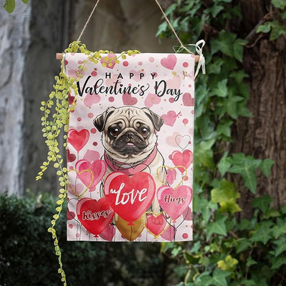 Pug Valentine Garden Flag Valentines Day Flags for Outside 12x18 Double Sided Small Yard Flags Dog Valentine's Day Decor Outdoor Lawn Valentines Banner