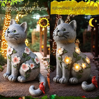 Amyhill Cat Outdoor Statues for Garden Decor Solar Light with Cardinal Flower for Outside Art Lawn Ornaments Porch Patio Balcony Home House Birthday Gifts for Grandma Mom Women