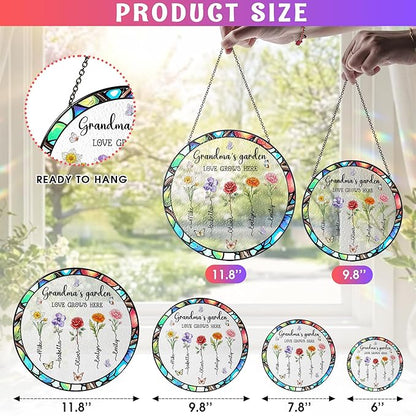 Personalized Grandma's Garden Stained Glass Suncatcher, Custom Stained Glass Window Hanging with Mom's Garden Birth Flowers, Mothers Day Unique Gifts for Mom from Grandkids on Mothers Day Christmas