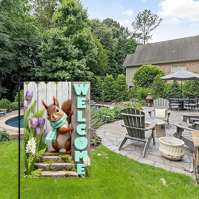 Spring Summer Welcome Flag with 12x18 inch ，Squirrel Design, Decorative Outdoor Double-Sided Banner with Purple Tulips and Mint Letters, Seasonal Home Yard Decor