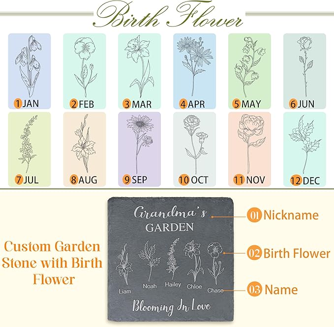 Personalized Garden Stone - Birth Flower Gifts for Her, Mom, Grandma - Custom Birth Month Flower - Mother's Day Presents