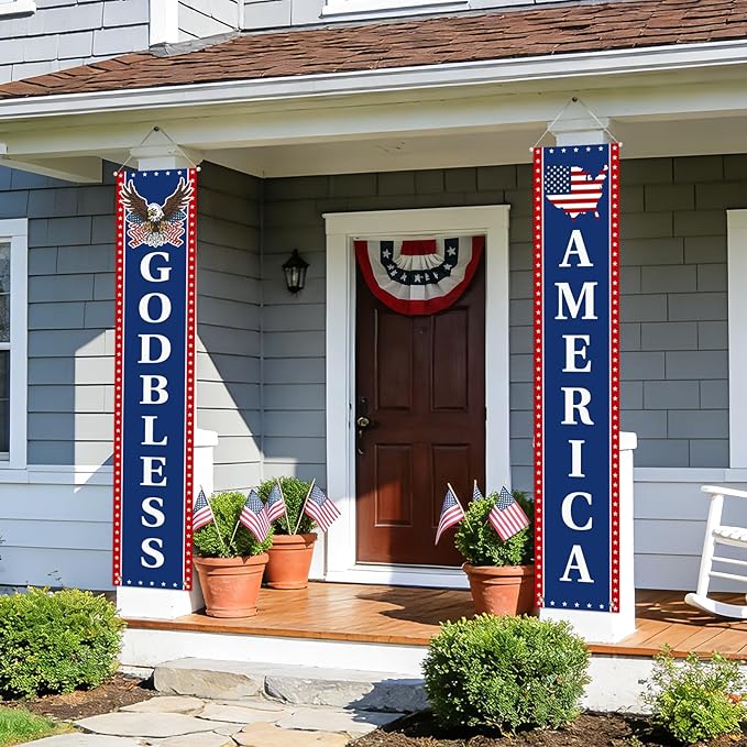 4th of July Decorations - Fourth of July Decorations - Patriotic Porch Signs Banners for Front Door - 2 Pack Hanging Flags for Independence Day 1776-2026 250th US Birthday Indoor Outdoor Decor