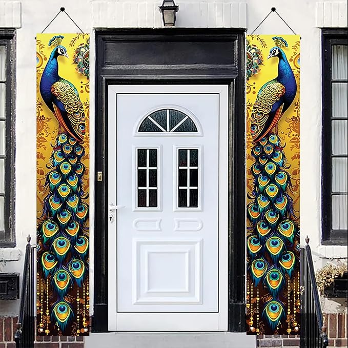 Peacock Porch Banners 180x30 CM Elegant Golden Peacock Decorations Hanging Door Signs Outdoor Home Decor Entryway Welcome Banner for Porch Patio Garden Party