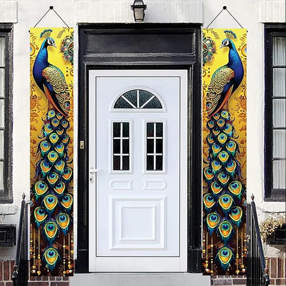 Peacock Porch Banners 180x30 CM Elegant Golden Peacock Decorations Hanging Door Signs Outdoor Home Decor Entryway Welcome Banner for Porch Patio Garden Party