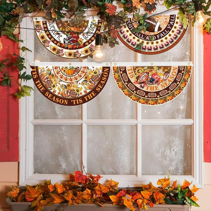 6 Pcs Fall Thanksgiving Decoration Autumn Football Garden Bunting 1.5 x 3 ft Maple Leaves Sunflower Outdoor Welcome Banner Pumpkin Fan Bunting for Thanksgiving Holiday Indoor Outdoor Yard Decor